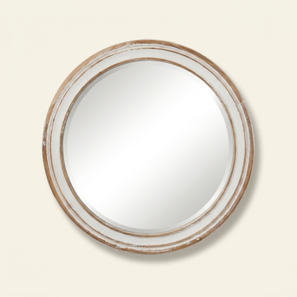 Farmhouse Wood Round Wall Mirror, Circle Vanity Mirror, Antique Natural, 23.6 in. for Bathroom Vanity