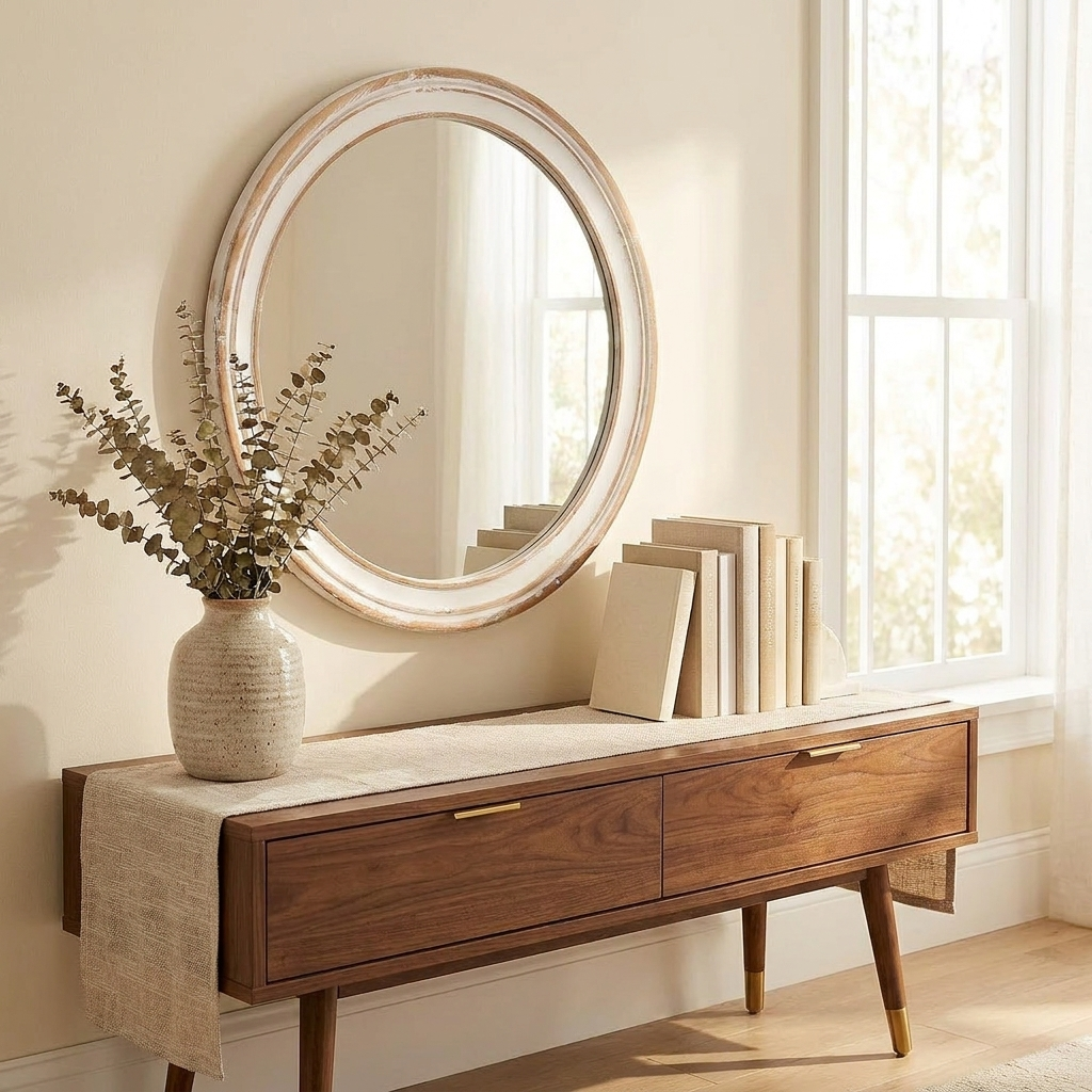 Farmhouse Wood Round Wall Mirror, Circle Vanity Mirror, Antique Natural, 23.6 in. for Bathroom Vanity styled in a room