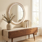 Farmhouse Wood Round Wall Mirror, Circle Vanity Mirror, Antique Natural, 23.6 in. for Bathroom Vanity styled in a room