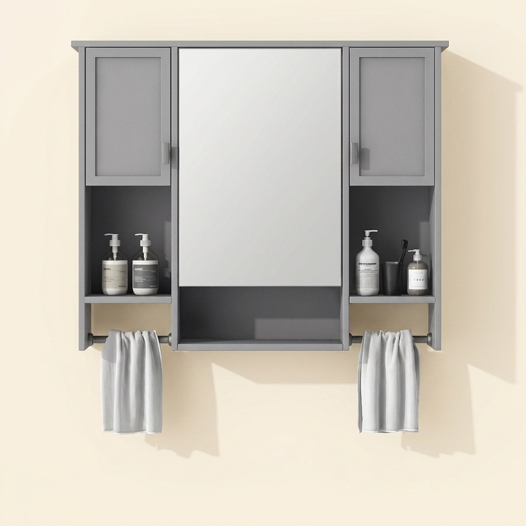 Modern Wall-Mounted Bathroom Medicine Cabinet with Mirror, Grey Storage Cabinet, 35 x 28 in.