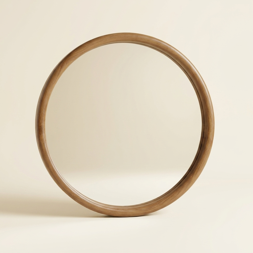 Mid-Century Round Wood-Framed Wall Mirror, Natural Wood Circle Vanity Mirror, 27.6 in. for Bathroom
