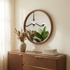 Mid-Century Round Wood-Framed Wall Mirror, Natural Wood Circle Vanity Mirror, 27.6 in. for Bathroom styled in a room