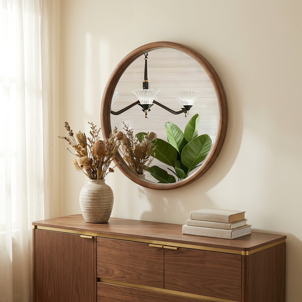 Mid-Century Round Wood-Framed Wall Mirror, Natural Wood Circle Vanity Mirror, 27.6 in. for Bathroom styled in a room