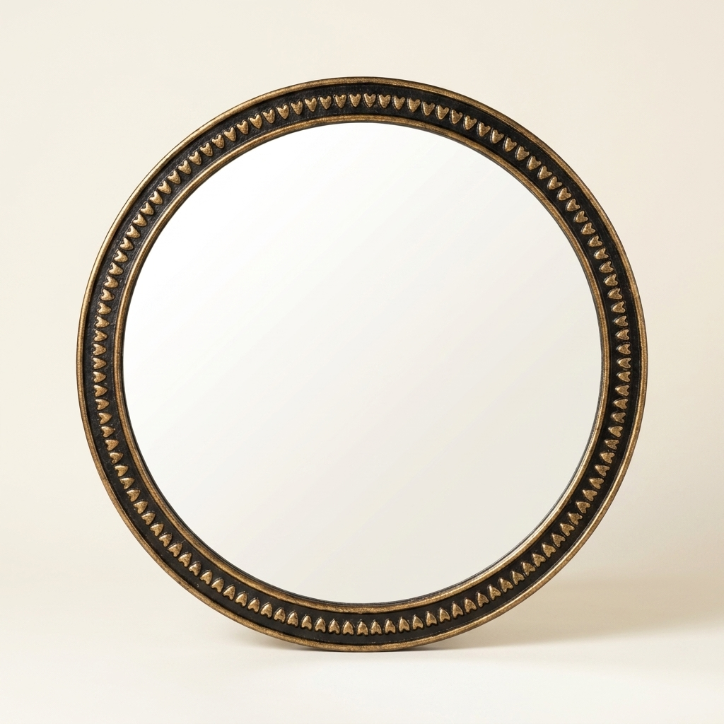 Vintage Round Wall Mirror, Gold Beaded Frame, for Living Room