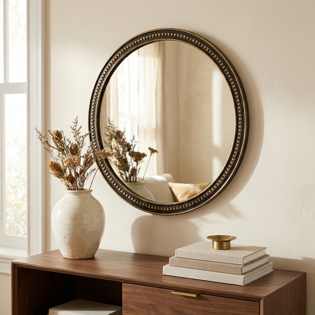 Vintage Round Wall Mirror, Gold Beaded Frame, for Living Room styled in a room