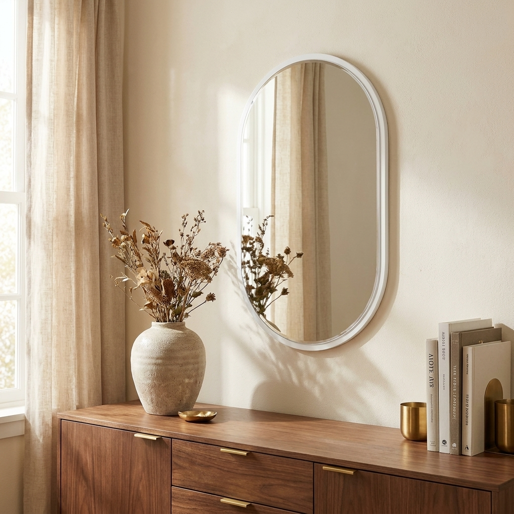 Oval Recessed Medicine Cabinet with Mirror, Metal Frame, White, 20x34 in., for Bathroom styled in a room