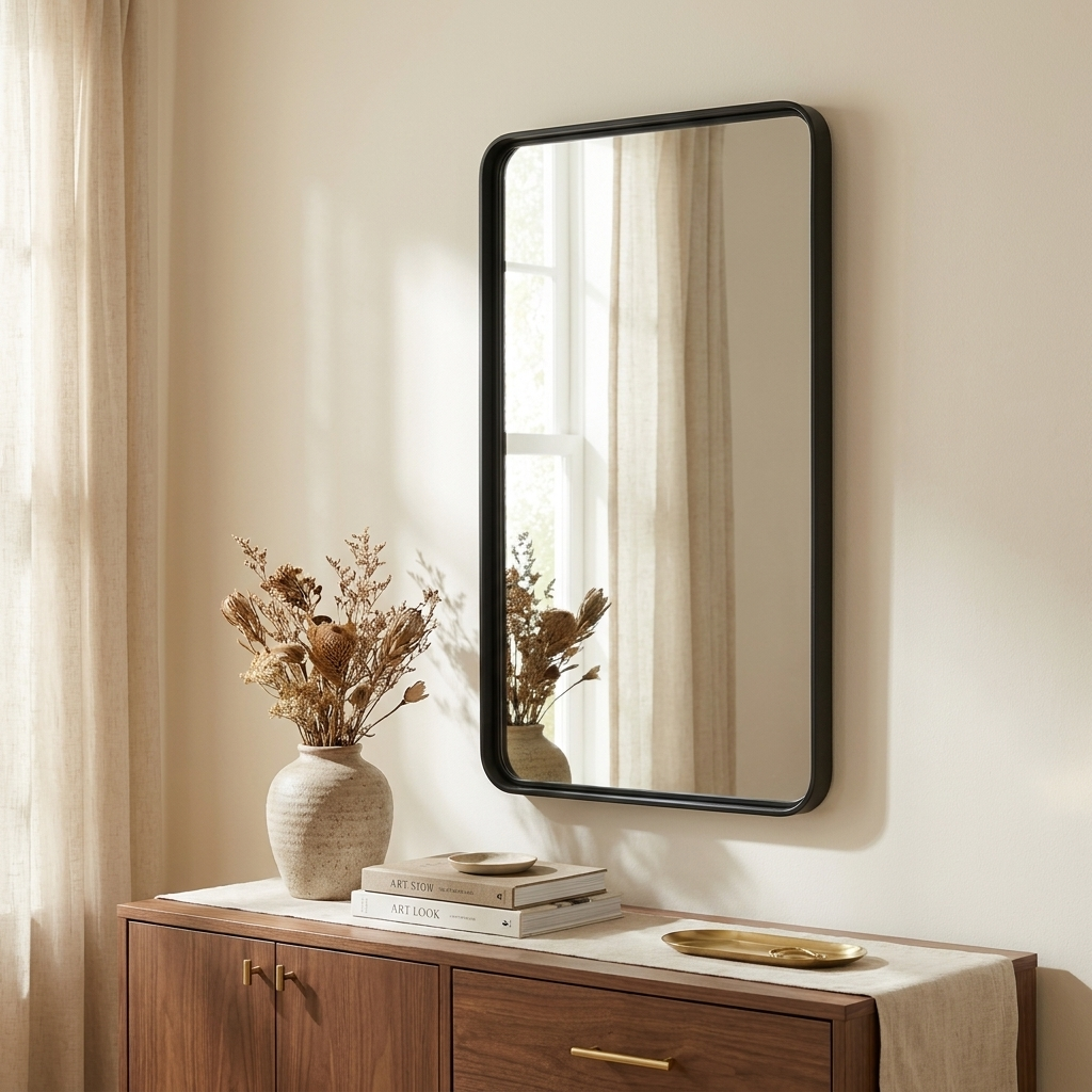 Rectangular Metal Framed Wall Mirror, Black Frame, 22x30 and 24x36 in., for Bathroom Vanity styled in a room