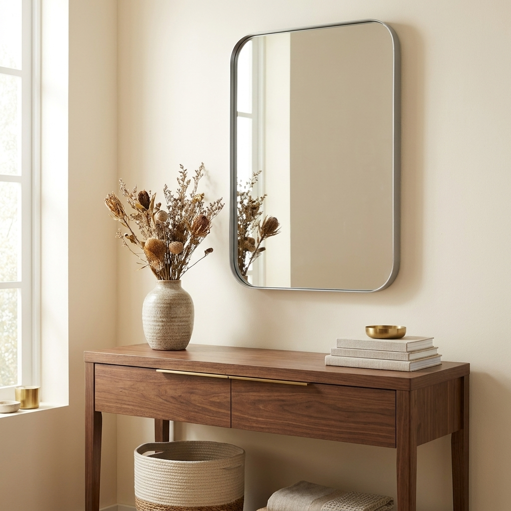 Rectangular Metal Framed Wall Mirror, Silver Frame, 24x36 in., for Bathroom Vanity styled in a room
