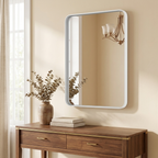 Rectangular Framed Bathroom Mirror, Anti-Fog Glass, Wood, Silver and White, 22x30 and 24x36 in. styled in a room