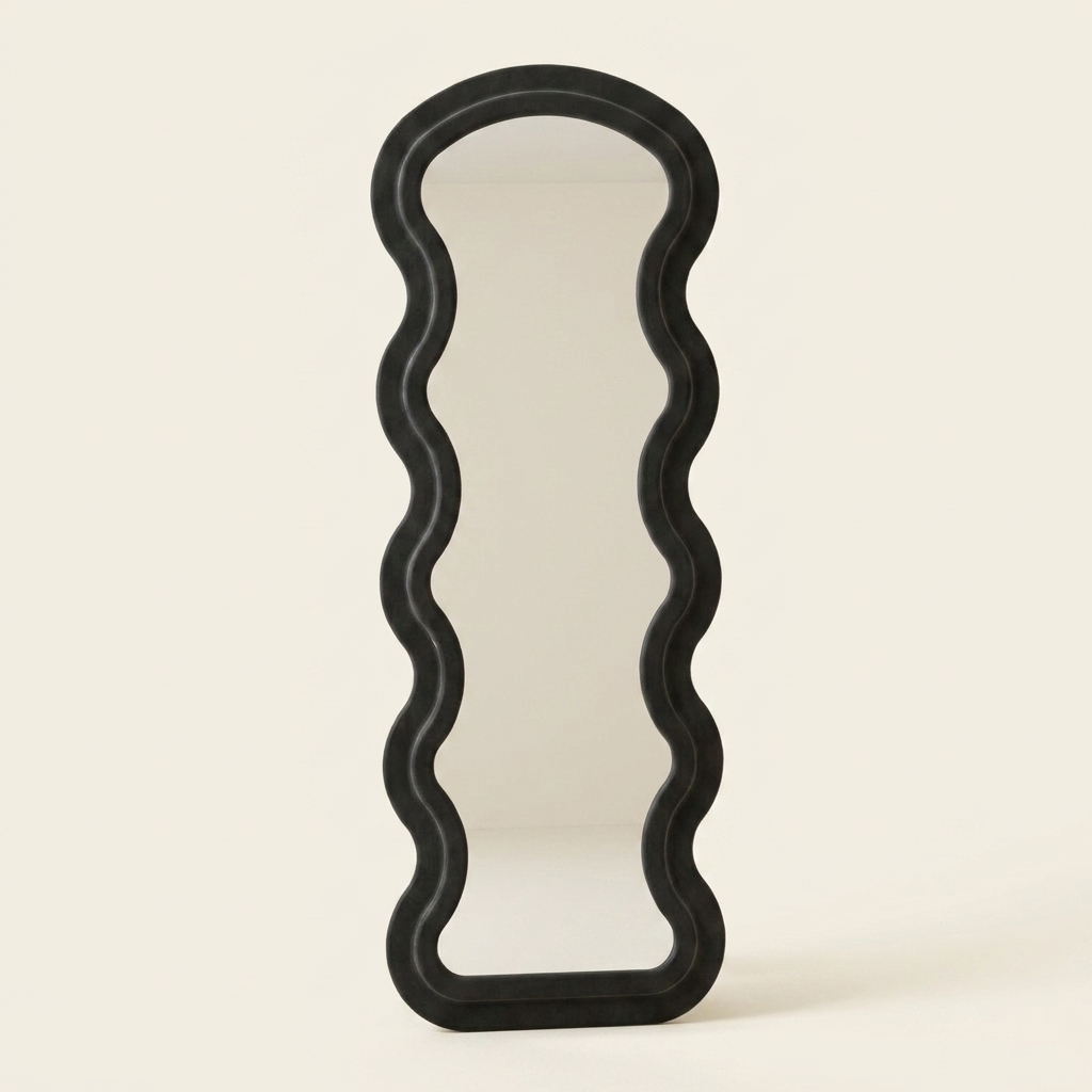 Wavy Full-Length Floor Mirror with Stand, Flannel Black Frame, for Bedroom