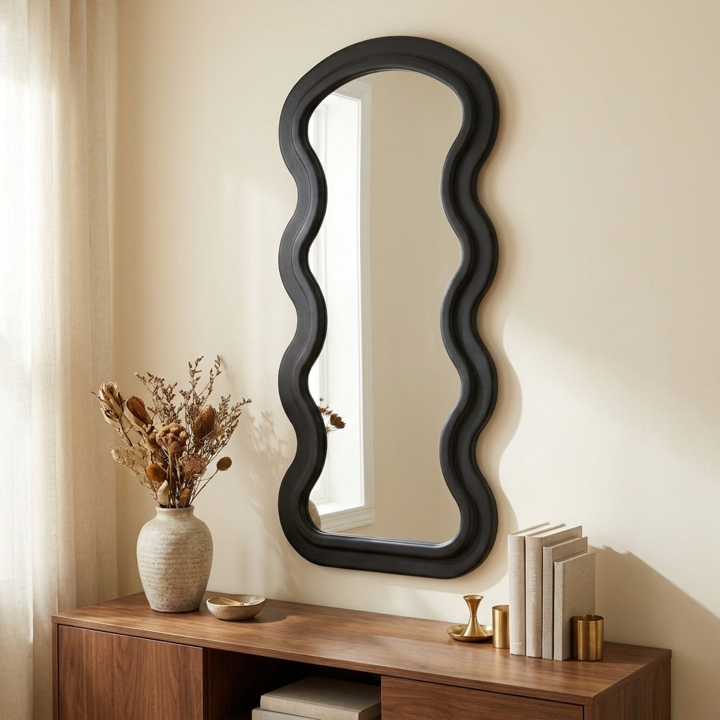 Wavy Full-Length Floor Mirror with Stand, Flannel Black Frame, for Bedroom styled in a room