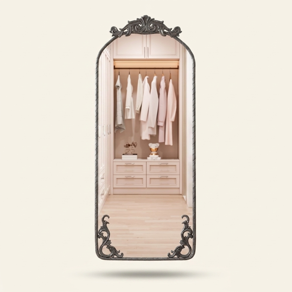 Arched Full-Length Floor Mirror, Vintage Ornate Carved Applique, Antique Silver, 58x24 in., for Bedroom