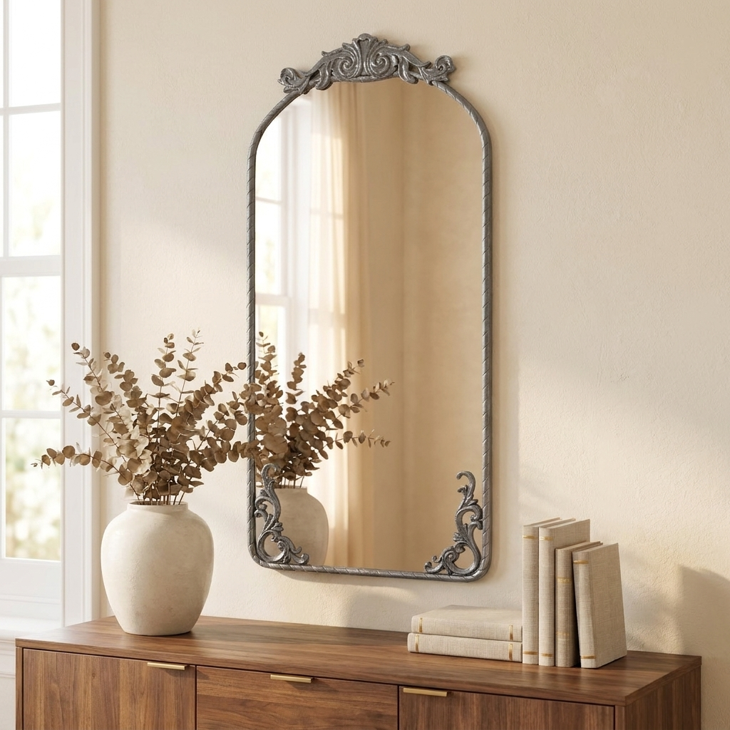 Arched Full-Length Floor Mirror, Vintage Ornate Carved Applique, Antique Silver, 58x24 in., for Bedroom styled in a room