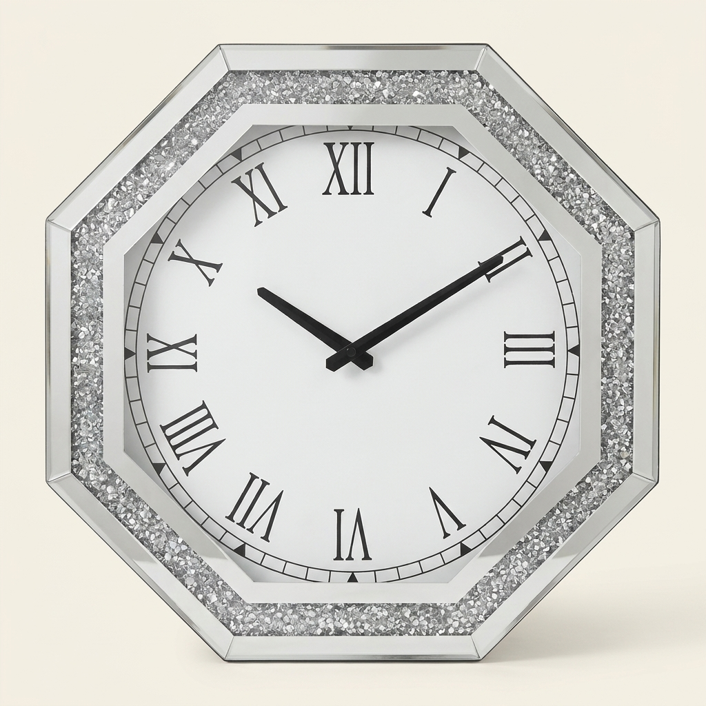 Octagonal Mirrored Wall Clock, Artificial Gemstone Accents, Silver, for Living Room