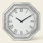 Octagonal Mirrored Wall Clock, Artificial Gemstone Accents, Silver, for Living Room