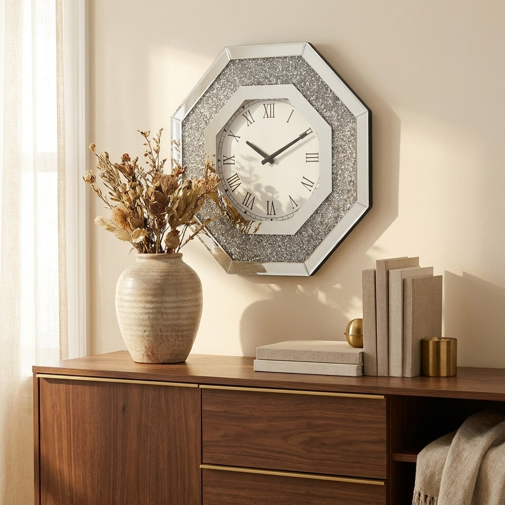 Octagonal Mirrored Wall Clock, Artificial Gemstone Accents, Silver, for Living Room styled in a room