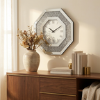 Octagonal Mirrored Wall Clock, Artificial Gemstone Accents, Silver, for Living Room styled in a room