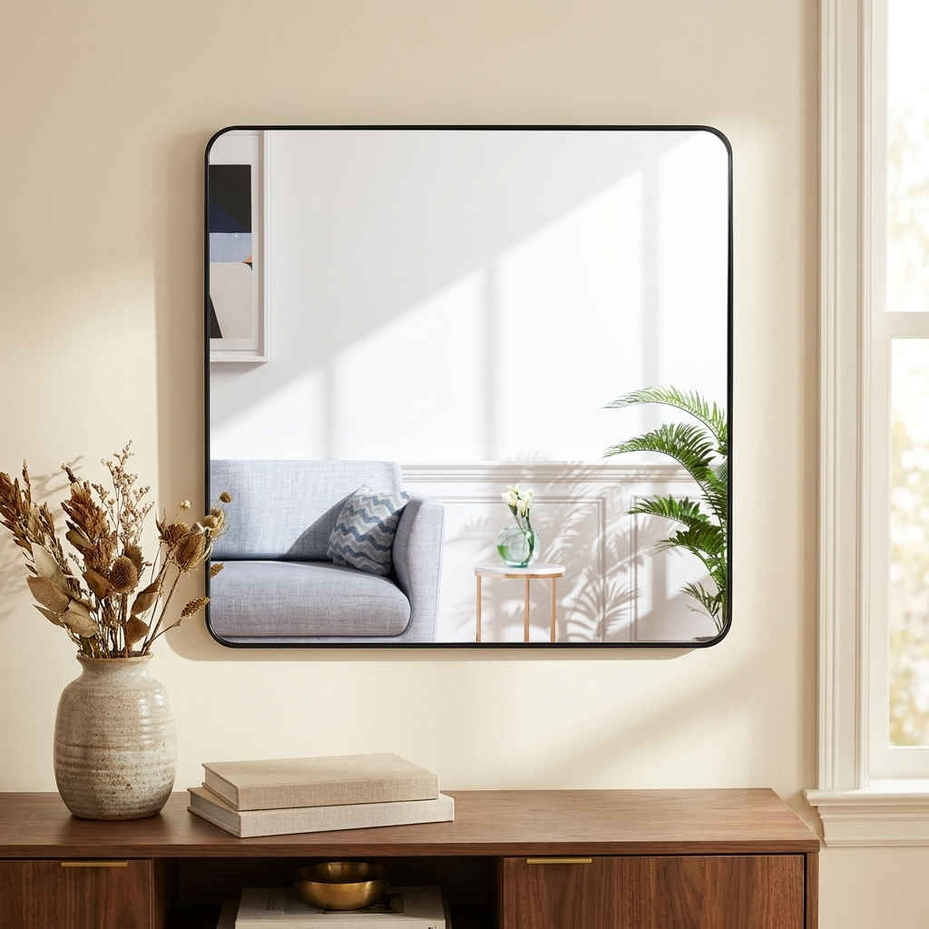 Square Metal Framed Wall Mirror, Black Frame, 30x30 in., for Bathroom Vanity styled in a room