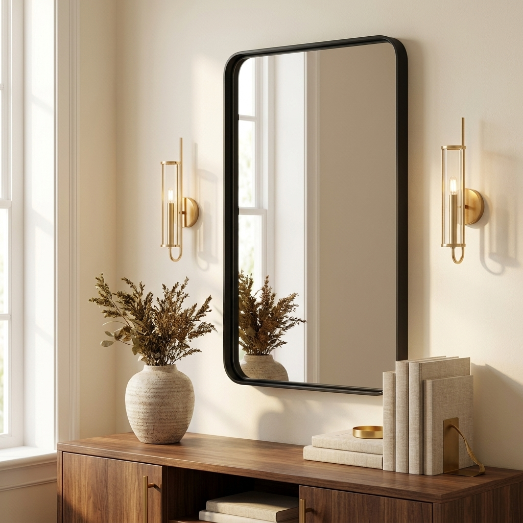Rectangular Metal Frame Wall Mirror, Slim Border, Black, 22 x 30 in. for Bathroom Vanity styled in a room