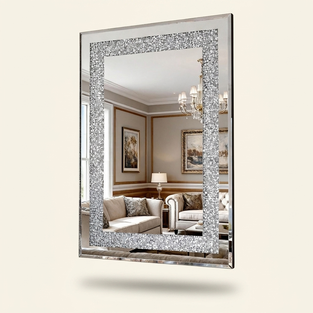 Crystal Crush Diamond Rectangular Wall Mirror, Beveled Glass, Silver, 36 x 24 in. for Living Room