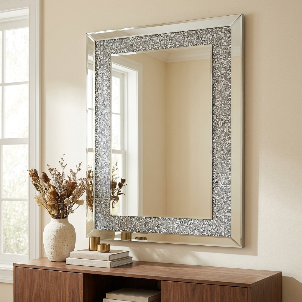 Crystal Crush Diamond Rectangular Wall Mirror, Beveled Glass, Silver, 36 x 24 in. for Living Room styled in a room