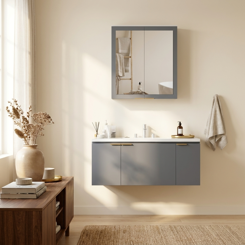 Wall-Mounted Bathroom Mirror Cabinet, Enclosed Cupboard with Adjustable Shelves, White, 36 x 18 in. styled in a room