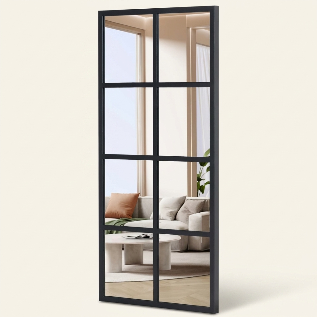 Window Pane Wall Mirror, Grid Panes, Black Metal Frame, 16 x 32 or 24 x 36 in. for Entryway