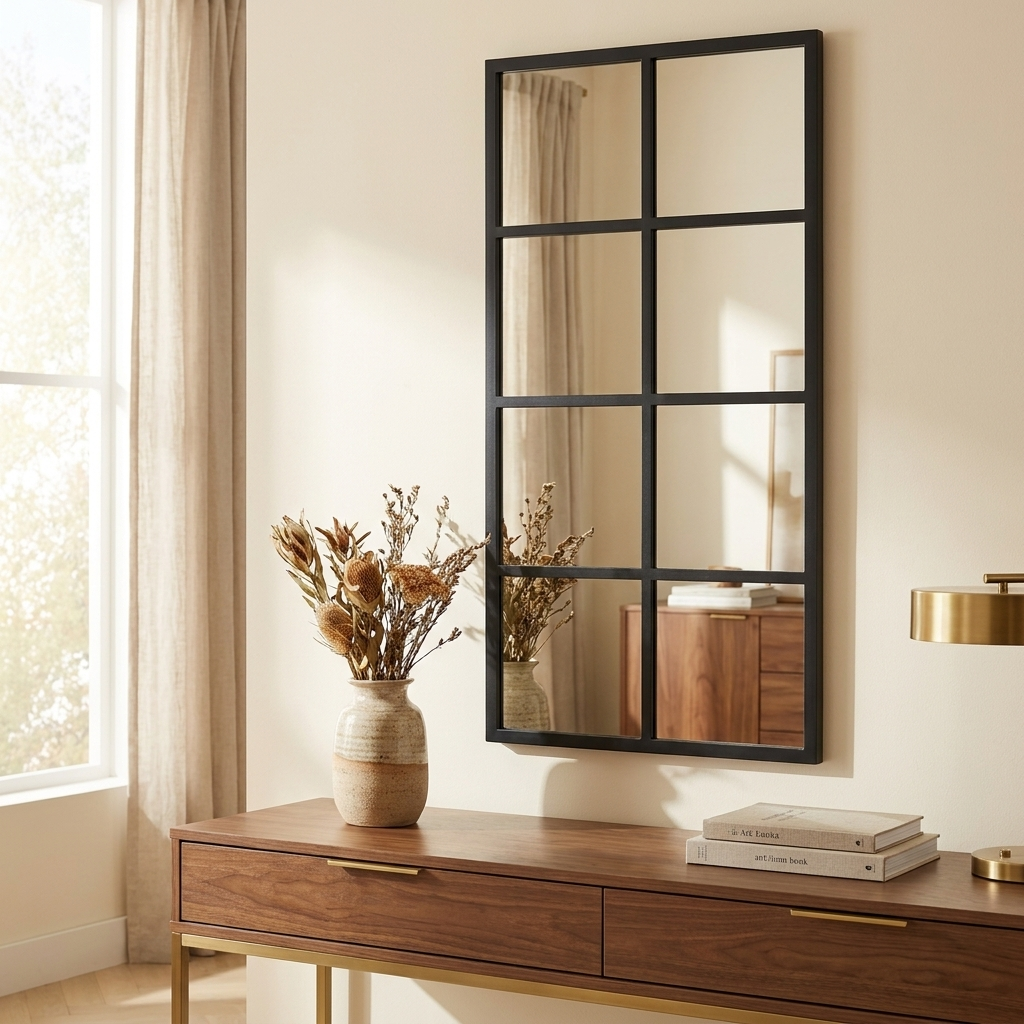 Window Pane Wall Mirror, Grid Panes, Black Metal Frame, 16 x 32 or 24 x 36 in. for Entryway styled in a room