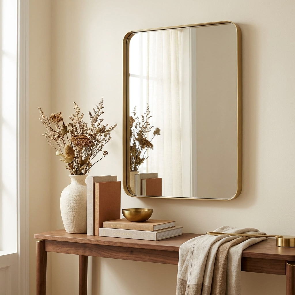 Rectangular Metal Frame Wall Mirror, Wide Border, Black, Silver or Gold, 24 x 40 or 30 x 30 in. styled in a room