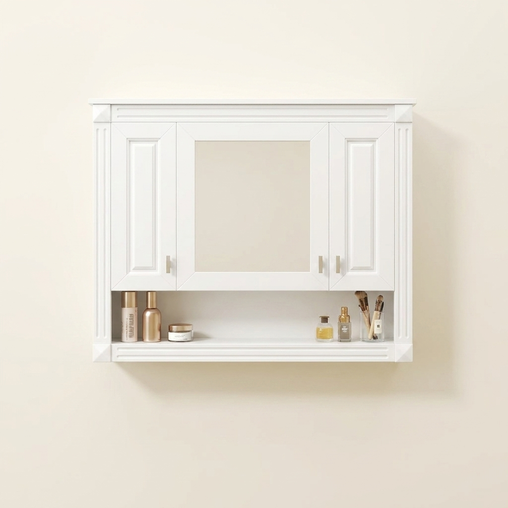 Wall-Mounted Bathroom Medicine Cabinet with Mirror, Open Shelf, Over-Toilet Storage, White, 35 in.