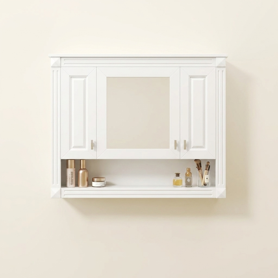 Wall-Mounted Bathroom Medicine Cabinet with Mirror, Open Shelf, Over-Toilet Storage, White, 35 in.