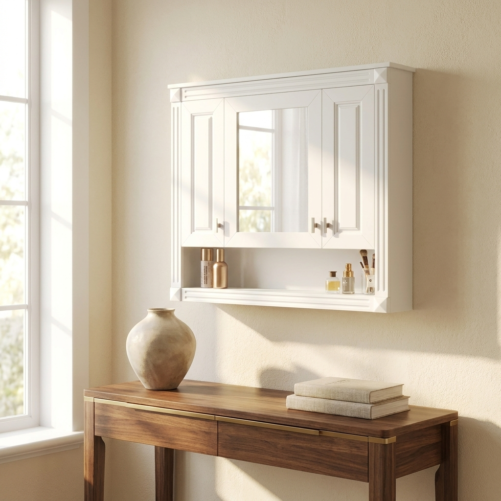 Wall-Mounted Bathroom Medicine Cabinet with Mirror, Open Shelf, Over-Toilet Storage, White, 35 in. styled in a room
