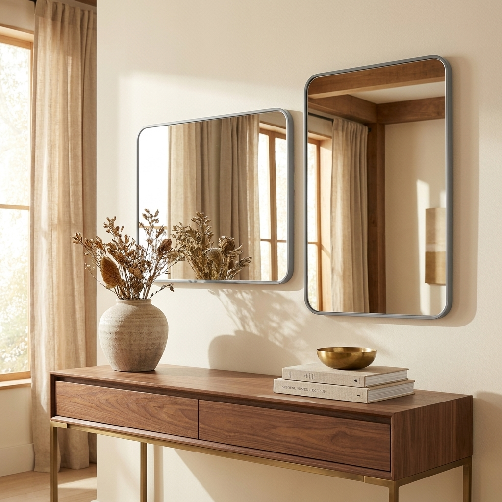 Rectangular Metal Frame Bathroom Wall Mirror, Slim Border, Silver or Gold, 22 x 30 in. styled in a room
