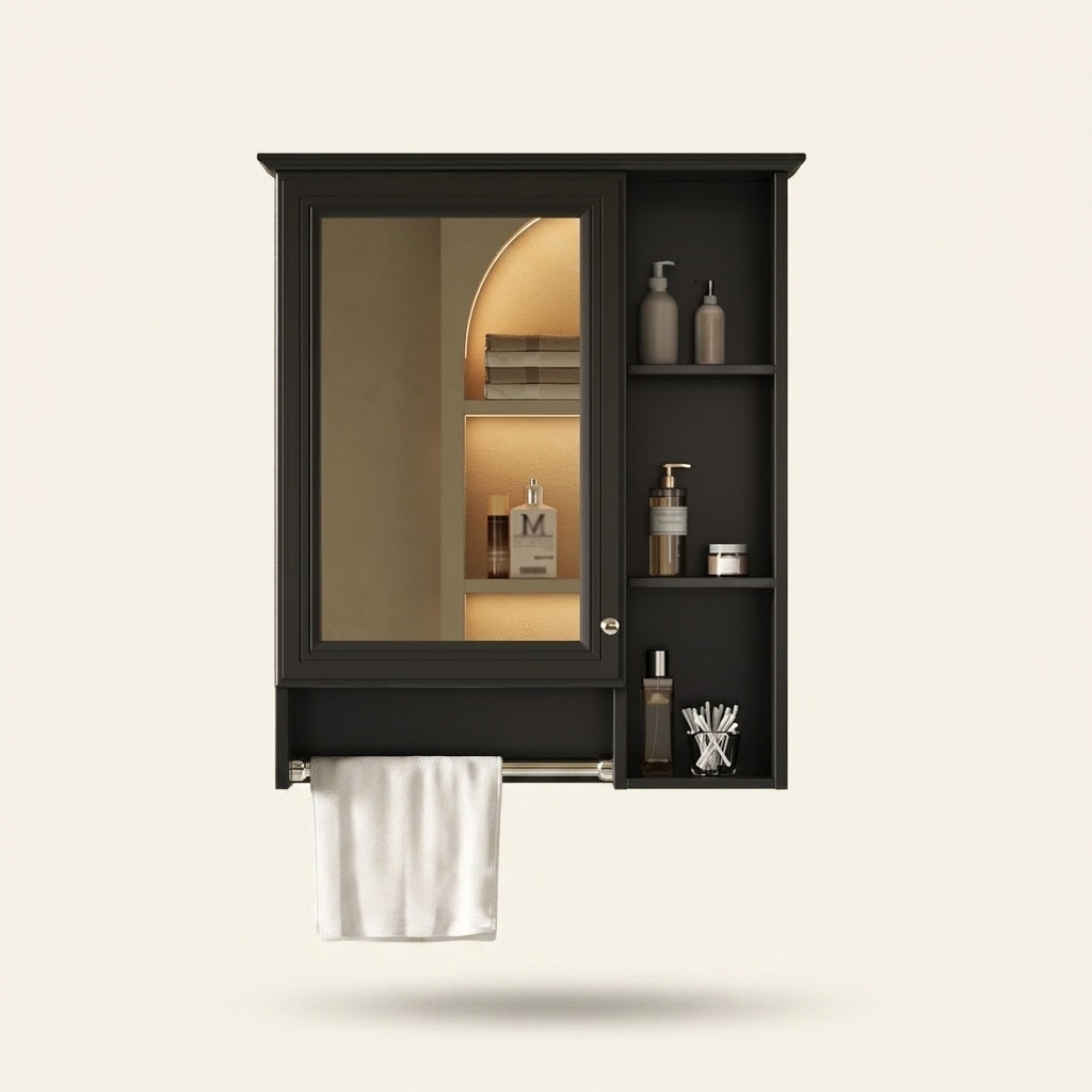 3-in-1 Bathroom Mirror Cabinet, Wall-Mounted Medicine Cabinet with Adjustable Shelf and Towel Bar, Black, 24 in.