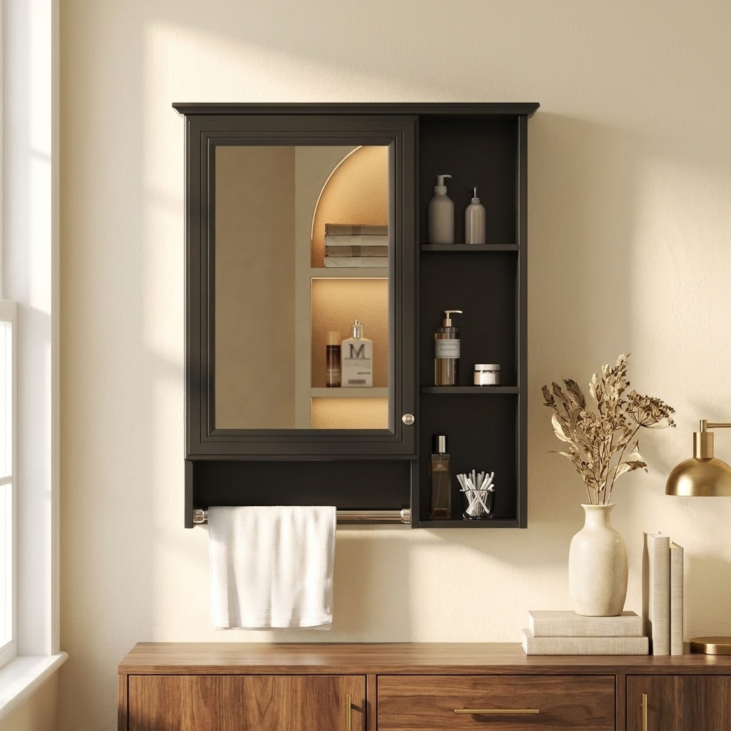 3-in-1 Bathroom Mirror Cabinet, Wall-Mounted Medicine Cabinet with Adjustable Shelf and Towel Bar, Black, 24 in. styled in a room