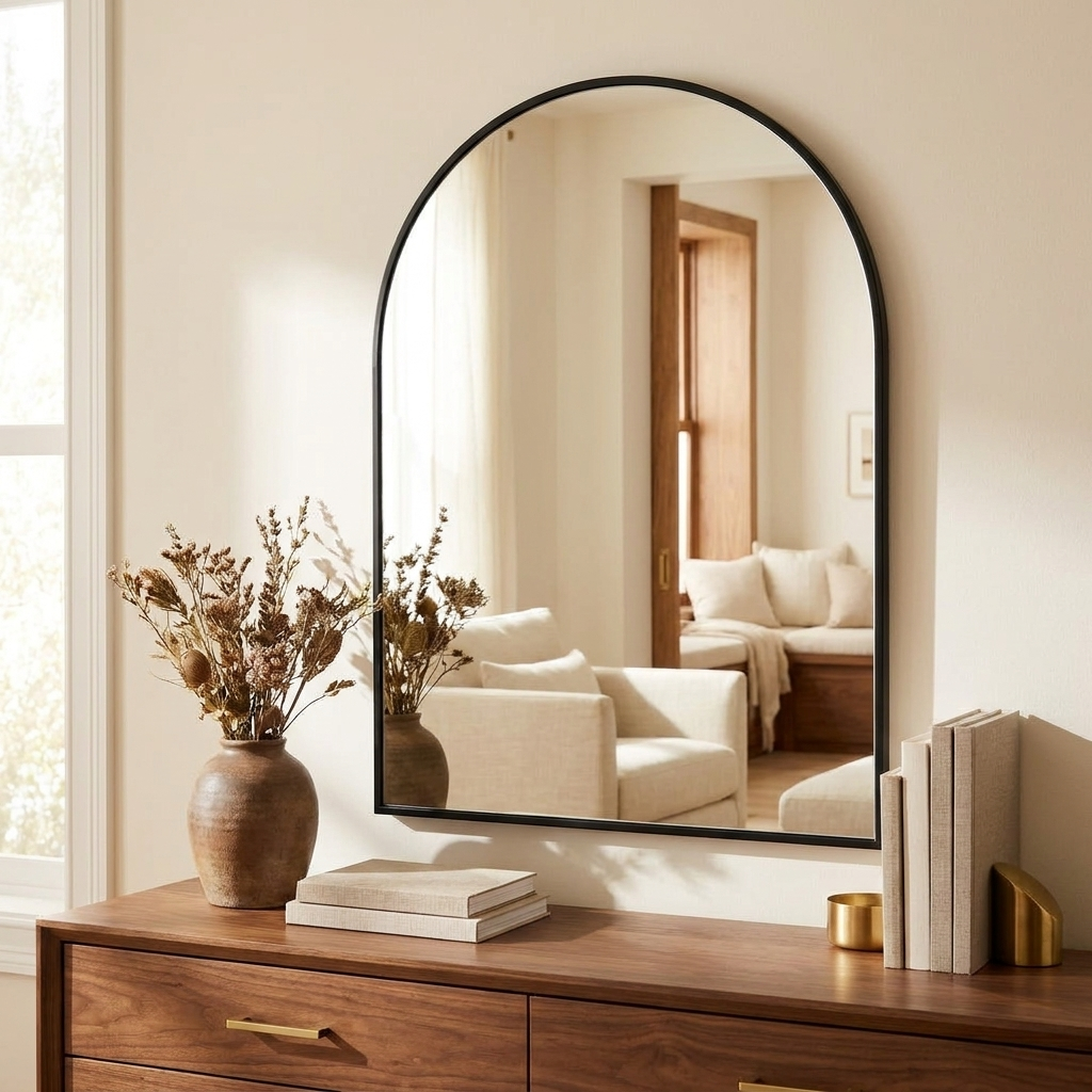 Arched Metal Frame Bathroom Wall Mirror, Slim Border, Black, 30 x 36 in. for Vanity styled in a room