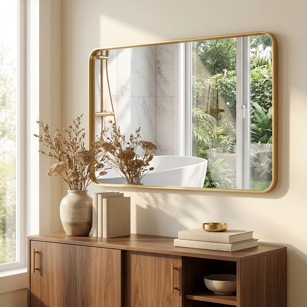 Rectangular Metal Frame Wall Mirror, Full-Length Border, Black, Silver or Gold, 32 x 40 or 32 x 48 in. styled in a room