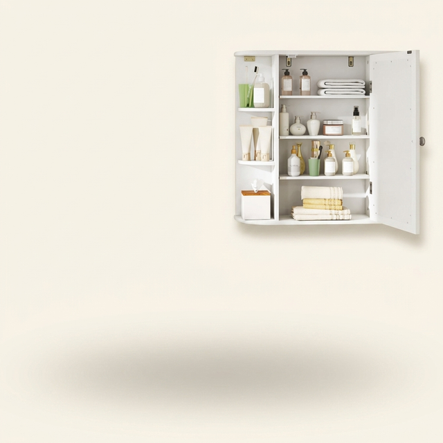 Wall-Mounted Bathroom Mirror Cabinet, Single Door with 4 Internal and 6 Open Shelves, White or Gray