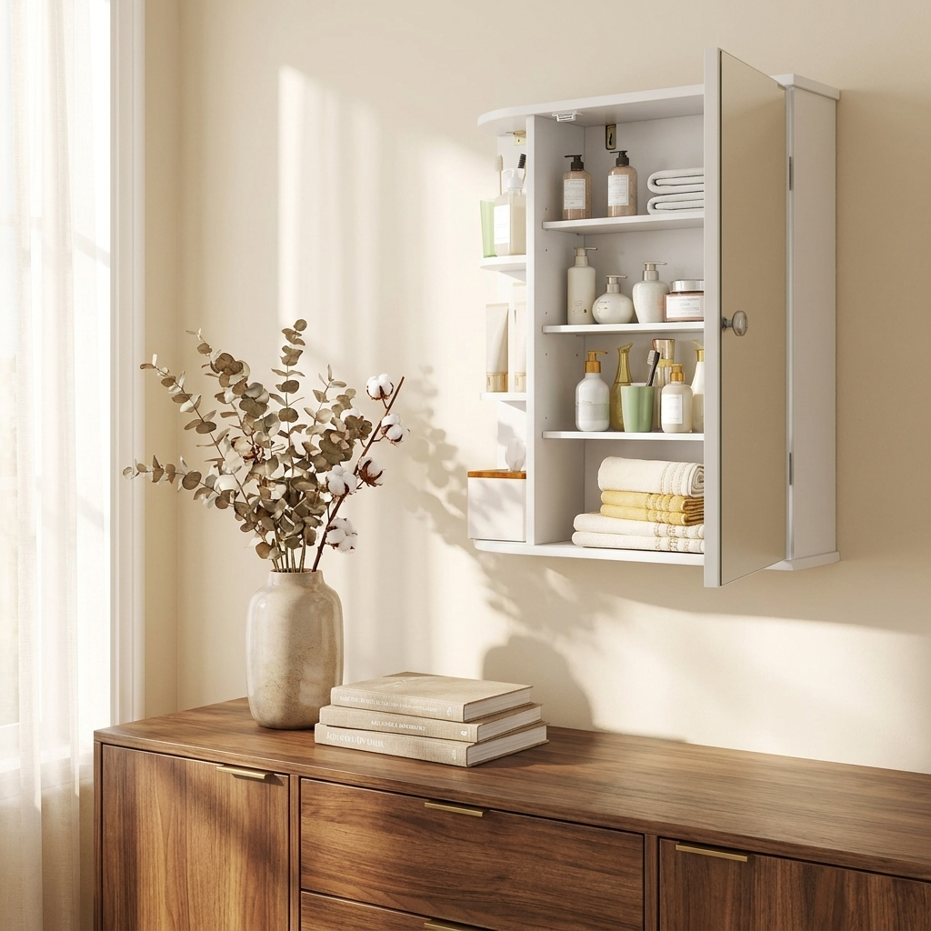 Wall-Mounted Bathroom Mirror Cabinet, Single Door with 4 Internal and 6 Open Shelves, White or Gray styled in a room