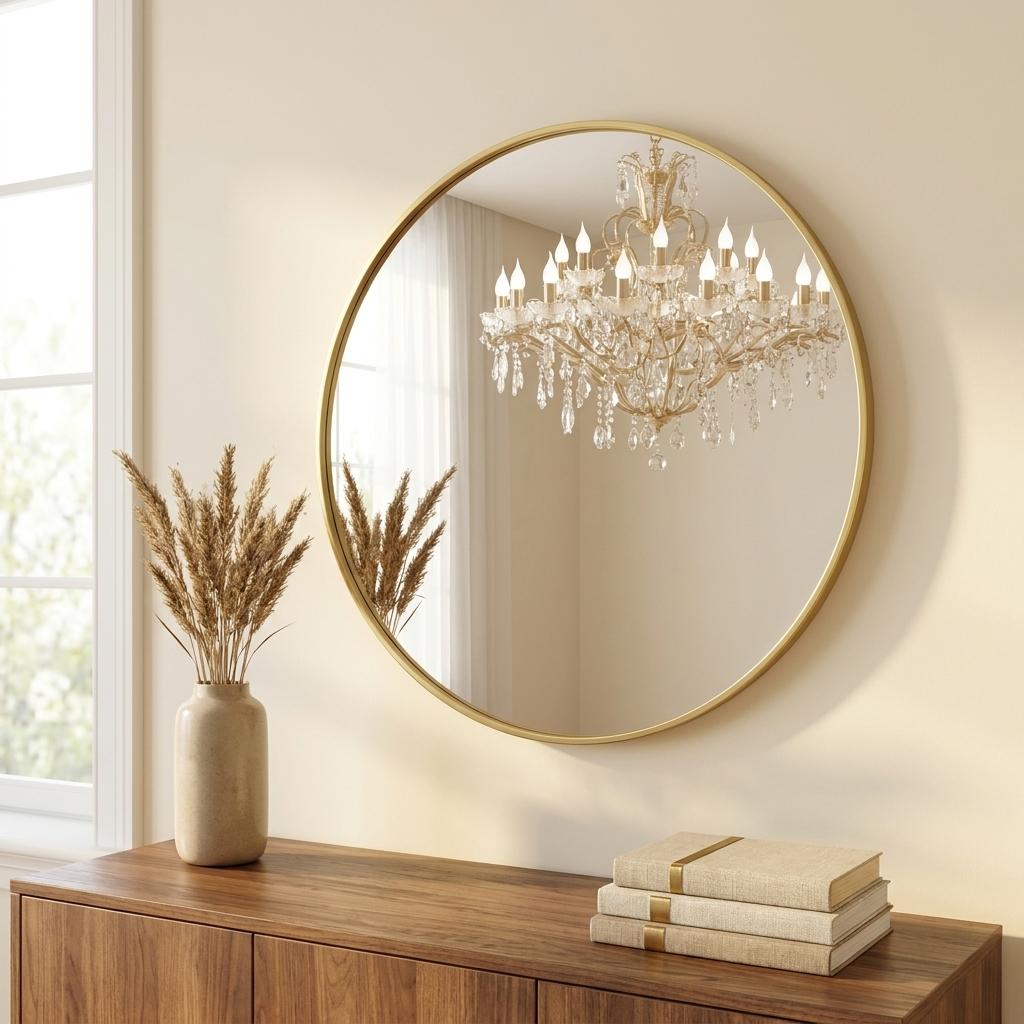 Round Wall Mirror, Slim Metal Frame, Black or Gold, 20 to 28 in. for Bathroom Vanity styled in a room