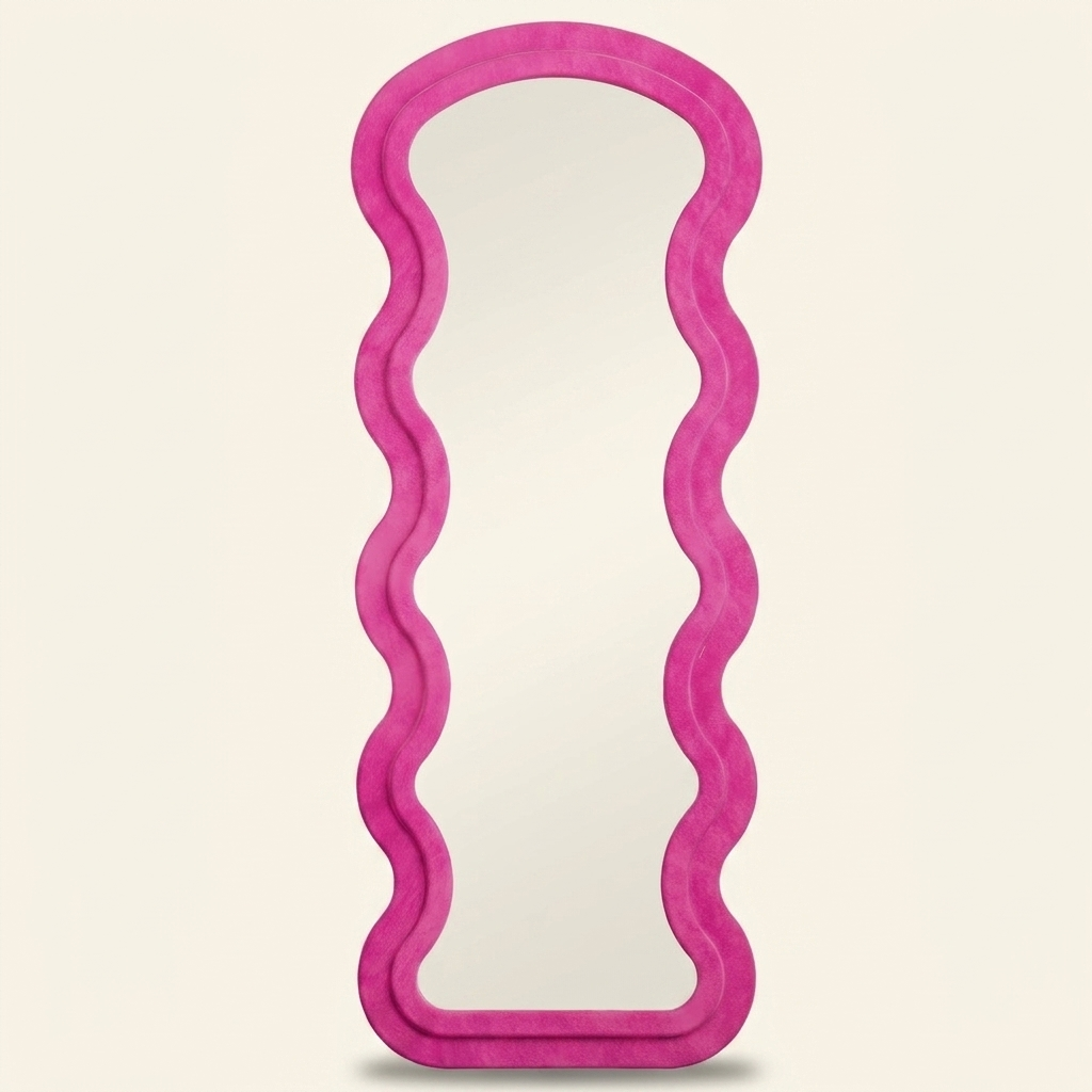 Full-Length Wavy Floor Mirror, Flannel-Wrapped Frame, Rose, for Bedroom