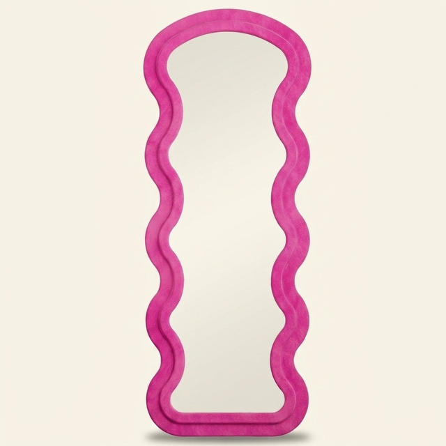 Full-Length Wavy Floor Mirror, Flannel-Wrapped Frame, Rose, for Bedroom