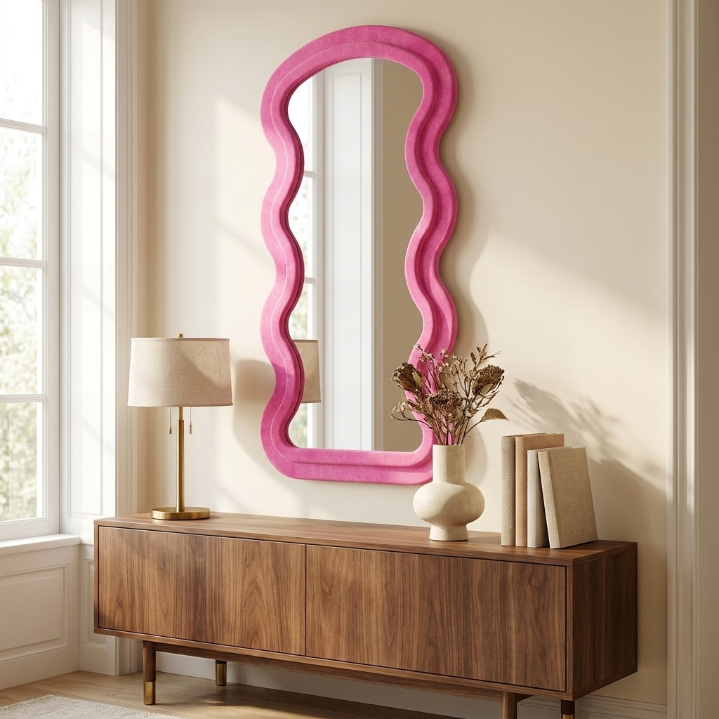 Full-Length Wavy Floor Mirror, Flannel-Wrapped Frame, Rose, for Bedroom styled in a room