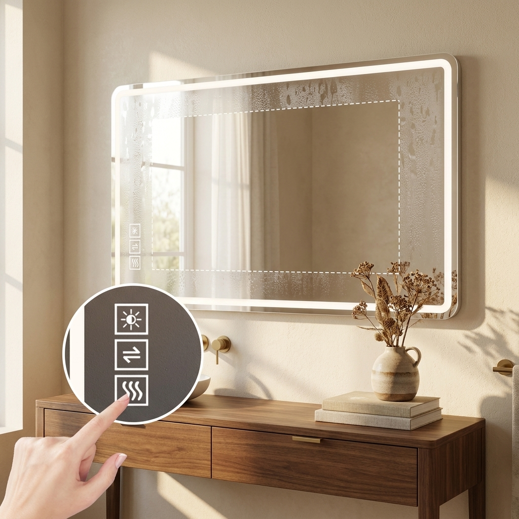LED Bathroom Vanity Mirror, Front-Lit Anti-Fog Frameless Makeup Mirror, Wall-Mounted, 40 x 32 in. styled in a room