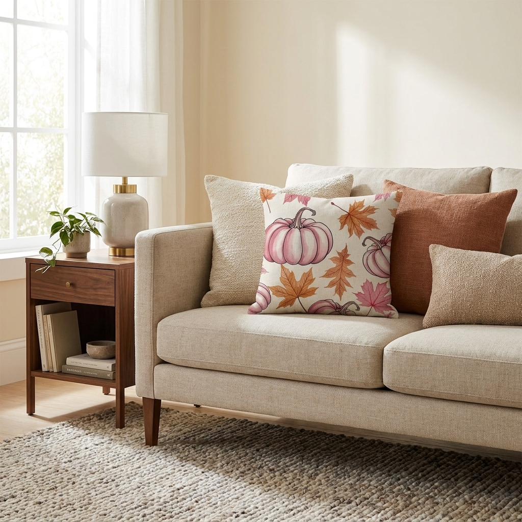Farmhouse Pumpkin Throw Pillow Covers, Maple Leaf Print, 18x18 in, Set of 4 for Living Room Sofa styled in a room