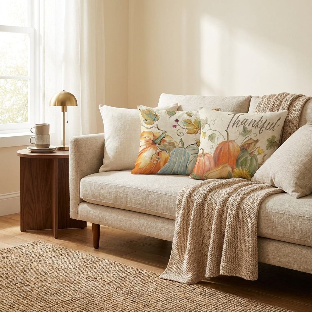 Thanksgiving Throw Pillow Covers, Fall Holiday Decor, Set of 4 for Living Room Sofa styled in a room