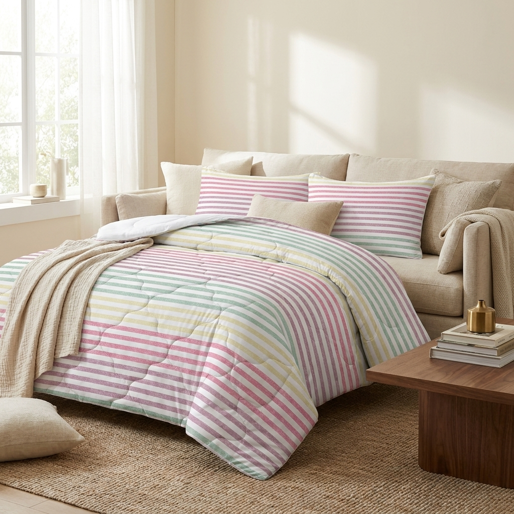 Striped Comforter Set, Stylish Printed Bedding, Pink, for Bedroom styled in a room