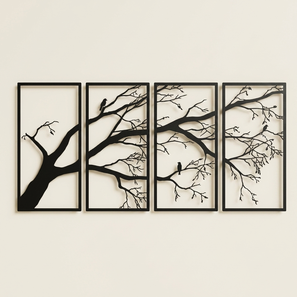 Modern Aluminum Wall Art, Branch and Flying Bird Design, Set of 4 for Living Room