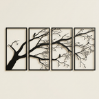 Modern Aluminum Wall Art, Branch and Flying Bird Design, Set of 4 for Living Room
