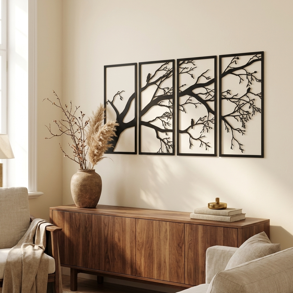 Modern Aluminum Wall Art, Branch and Flying Bird Design, Set of 4 for Living Room styled in a room